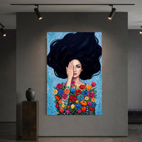Vibrant Floral Woman Oil Painting Style Canvas Print Wall Art, Expressive Decor - Mockup Display 6