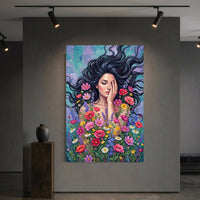 Woman in Wildflowers Oil Painting Style Canvas Print Wall Art with Vibrant Hues - Mockup Display 6
