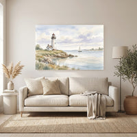 Lighthouse Coastal Seascape Watercolor Style Canvas Print Wall Art, Nautical Decor - Mockup Display 6