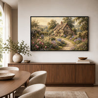 Charming English Cottage Garden Oil Painting Style Canvas Print Wall Art, Rustic Charm - Mockup Display 6