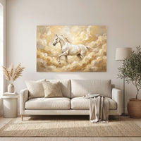 White Horse Galloping Oil Painting Style Canvas Print Wall Art, Golden Clouds - Mockup Display 6