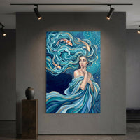 Mystical Water Woman with Koi Fish Oil Painting Style Canvas Print Wall Art Serene - Mockup Display 6