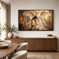 Guardian Angel Protecting Mother and Child Oil Painting Style Canvas Print Wall Art, Serene - Mockup Display 6