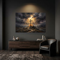 Dramatic Cross on Hill Oil Painting Style Canvas Print Wall Art, Spiritual Light - Mockup Display 6