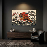 Dynamic Japanese Ukiyo-e Tiger Waves & Sun Canvas Print Wall Art, Zen Decor - Mockup Display 6
