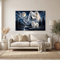 Fluffy White Samoyed Dogs Mountain Night Canvas Print Wall Art Decor - Mockup Display 6
