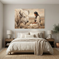 Native American Woman & White Bison Oil Painting Style Canvas Print Wall Art, Majestic - Mockup Display 6