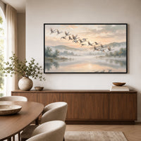 Serene Cranes Flying Oil Painting Style Canvas Print Wall Art for Tranquil Decor - Mockup Display 6