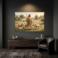 Good Shepherd Jesus Christ Oil Painting Style Canvas Print Wall Art, Serene Biblical Landscape - Mockup Display 6