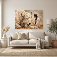 White Bison & Native American Woman Oil Painting Style Canvas Print Wall Art, Spirit - Mockup Display 6