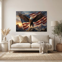 Bald Eagle Stretched Canvas Wall Art, American Flag Wildlife Print, Patriotic Statement Decor