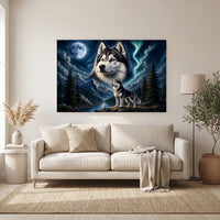 Majestic Husky Dog Oil Painting Style Moonlight Aurora Canvas Print Wall Art - Mockup Display 6
