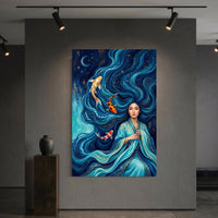 Mystical Asian Woman Koi Fish Oil Painting Style Canvas Print Wall Art, Elegant Decor - Mockup Display 6