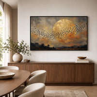 Flock of Birds Full Moon Landscape Oil Painting Style Canvas Print Wall Art for Home - Mockup Display 6