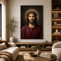 Jesus Christ with Crown of Thorns Oil Painting Style Canvas Print Wall Art, Sacred - Mockup Display 6
