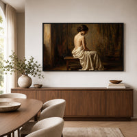 Contemplative Woman Draped Classical Oil Painting Style Canvas Print Wall Art for Serene Decor - Mockup Display 7