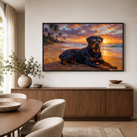 Cool Rottweiler Dog Oil Painting Style Canvas Print Wall Art, Tropical Sunset - Mockup Display 6