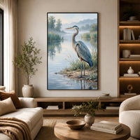 Great Blue Heron Oil Painting Style Canvas Print Wall Art, Serene Waterside Decor - Mockup Display 6