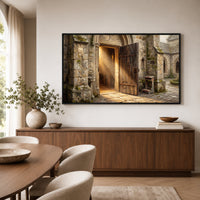 Ancient Church Entrance Sunlit Path Oil Painting Style Canvas Print Wall Art - Mockup Display 6