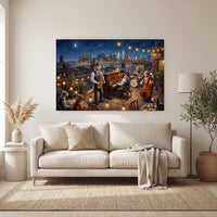 Rooftop Jazz Dogs NYC Skyline Oil Painting Style Canvas Print Wall Art for Urban Decor - Mockup Display 6