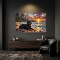 Rottweiler Dog Tropical Beach Sunset Oil Painting Style Canvas Print Wall Art Décor - Mockup Display 6