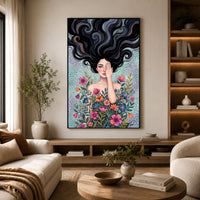 Mystical Woman with Vibrant Flowers Artistic Canvas Print Wall Art, Dreamy Portrait - Mockup Display 6
