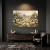 Misty Orchard Path Oil Painting Style Canvas Print Wall Art, Serene Landscape - Mockup Display 6