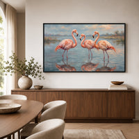 Three Pink Flamingos Oil Painting Style Canvas Print Wall Art, Serene Decor - Mockup Display 6