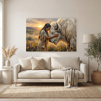 Native American Woman White Buffalo Oil Painting Style Canvas Print Wall Art Serene - Mockup Display 6