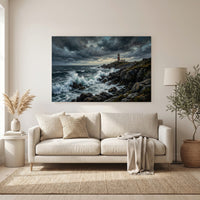 Stormy Lighthouse Stretched Canvas Wall Art, Dramatic Seascape Print, Coastal Living Room Decor