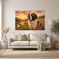 St. Bernard Dog Sunset Meadow Oil Painting Style Canvas Print Wall Art, Golden Hour - Mockup Display 6