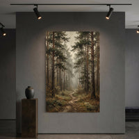 Misty Pine Forest Pathway Oil Painting Style Canvas Print Wall Art, Serene Decor - Mockup Display 6