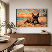 Cool French Bulldog Sunset Beach Oil Painting Style Canvas Print Wall Art for Dog Lovers - Mockup Display 6