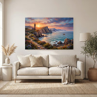 Vibrant Coastal Sunset Lighthouse Oil Painting Style Canvas Print Wall Art, Serene - Mockup Display 6