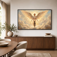 Serene Angel and Child Oil Painting Style Canvas Print Wall Art, Inspiring Divine Glow - Mockup Display 6