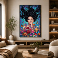 Vibrant Woman with Flowing Hair and Flowers Canvas Print Wall Art, Enchanting Decor - Mockup Display 6
