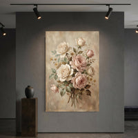 Romantic Blush & Cream Roses Oil Painting Style Canvas Print Wall Art, Elegant Home Decor - Mockup Display 6