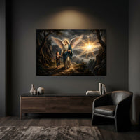 Divine Guardian Angel & Child Oil Painting Style Canvas Print Wall Art, Serene Landscape - Mockup Display 6