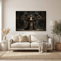 Dark Angel Stretched Canvas Wall Art, Gothic Fantasy Woman Print, Dramatic Statement Decor
