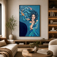 Mystical Woman & Koi Fish Oil Painting Style Canvas Print Wall Art, Serene Decor - Mockup Display 6