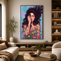 Dynamic Woman Floral Portrait Oil Painting Style Canvas Print Wall Art, Elegant - Mockup Display 6