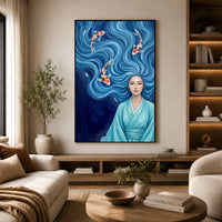 Serene Asian Woman with Flowing Blue Hair & Koi Fish Canvas Print Wall Art - Mockup Display 6