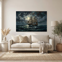 Majestic Three-Masted Ship Moonlight Oil Painting Style Canvas Print Wall Art - Mockup Display 6