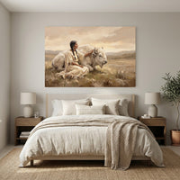 Native American Woman & White Buffalo Oil Painting Style Canvas Print Wall Art, Serene Landscape - Mockup Display 6