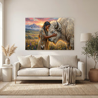 Native Woman & White Bison Oil Painting Style Canvas Print Wall Art, Spiritual Serenity - Mockup Display 6