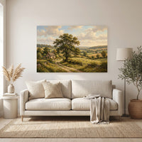 Countryside Landscape Stretched Canvas Wall Art, Cottage Meadow Print, Classic Living Room Decor