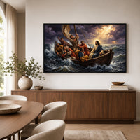 Biblical Jesus Calming Storm Oil Painting Style Canvas Print Wall Art, Religious - Mockup Display 6