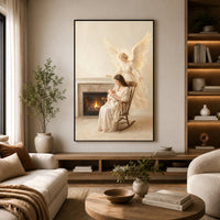 Serene Mother & Baby with Guardian Angel Oil Painting Style Canvas Print Wall Art - Mockup Display 6