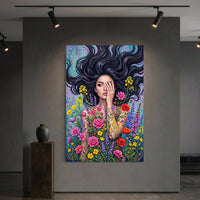 Mystic Woman Floral Canvas Print Wall Art with Flowing Hair, Vibrant Garden Style - Mockup Display 6