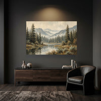 Serene Forest Lake Landscape Oil Painting Style Canvas Print Wall Art, Tranquil View - Mockup Display 6